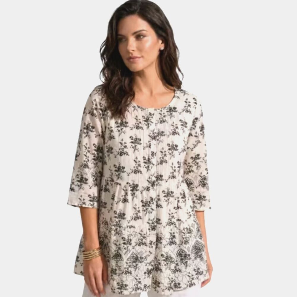 Ellos White Multi-Colored Floral Scoop Neck 3/4 Sleeve Button Up Shirt 1X 22/24
